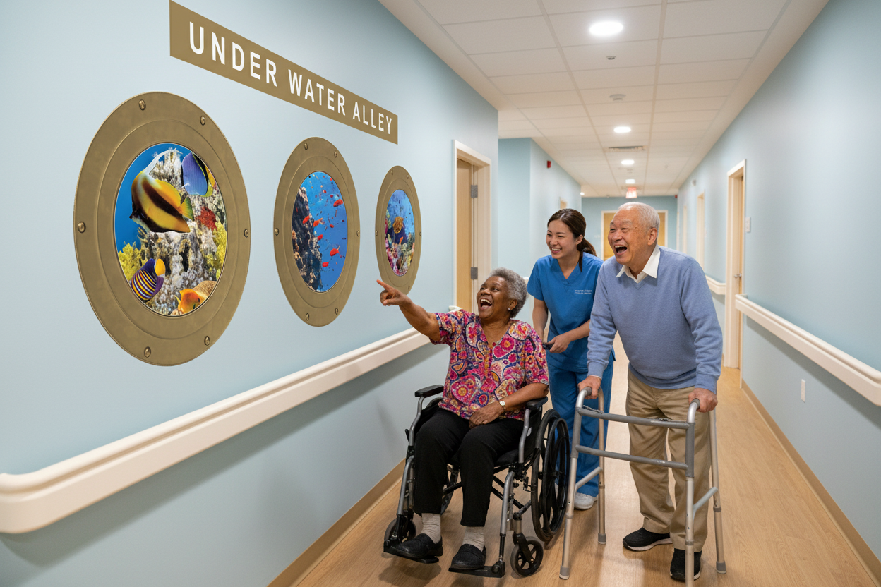 Hallway with porthole stickers on one wall only
